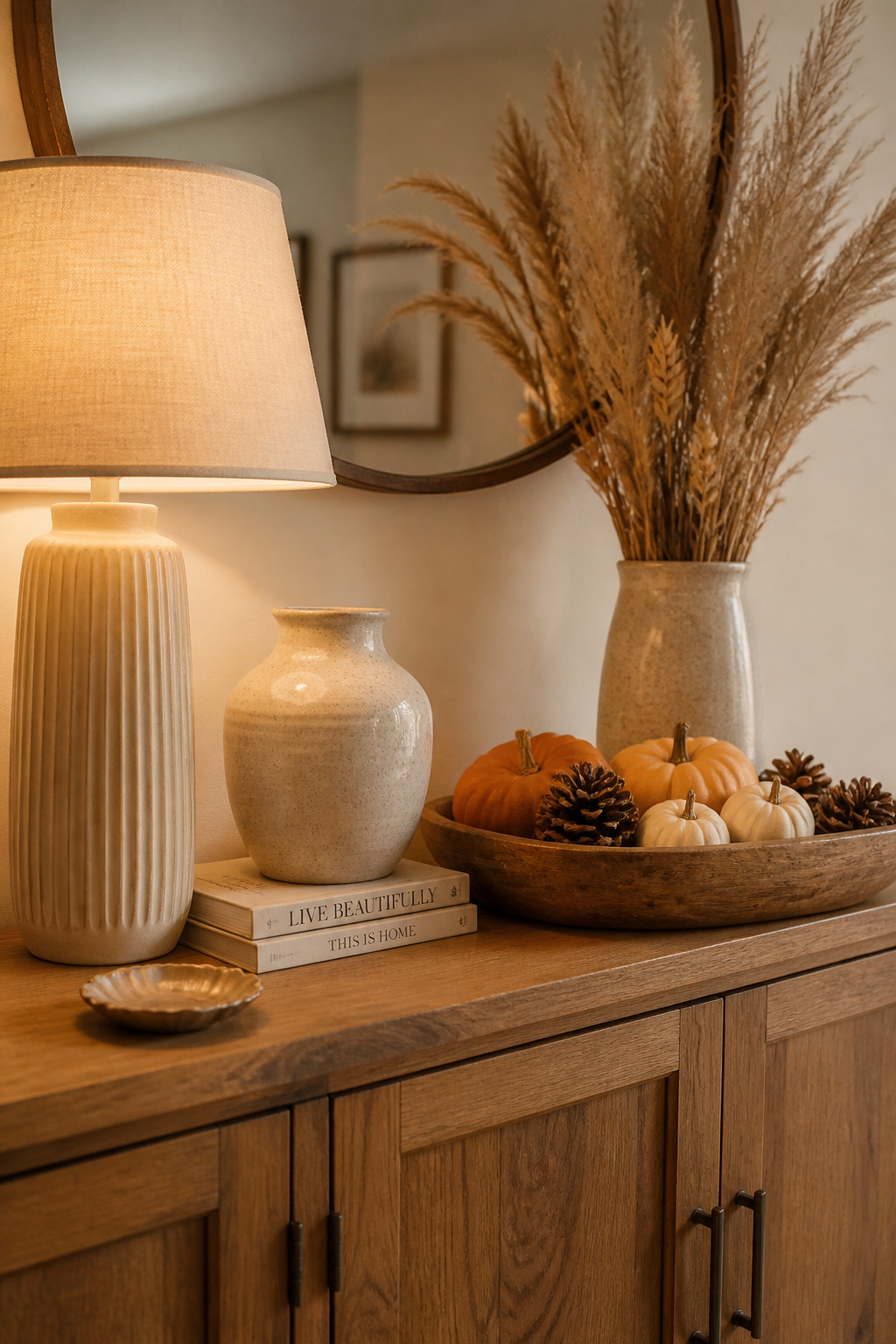 A sideboard styled with a permanent cream lamp and stoneware vase base layer, with autumn pumpkins, pine cones, and dried pampas stems added as the seasonal accent layer