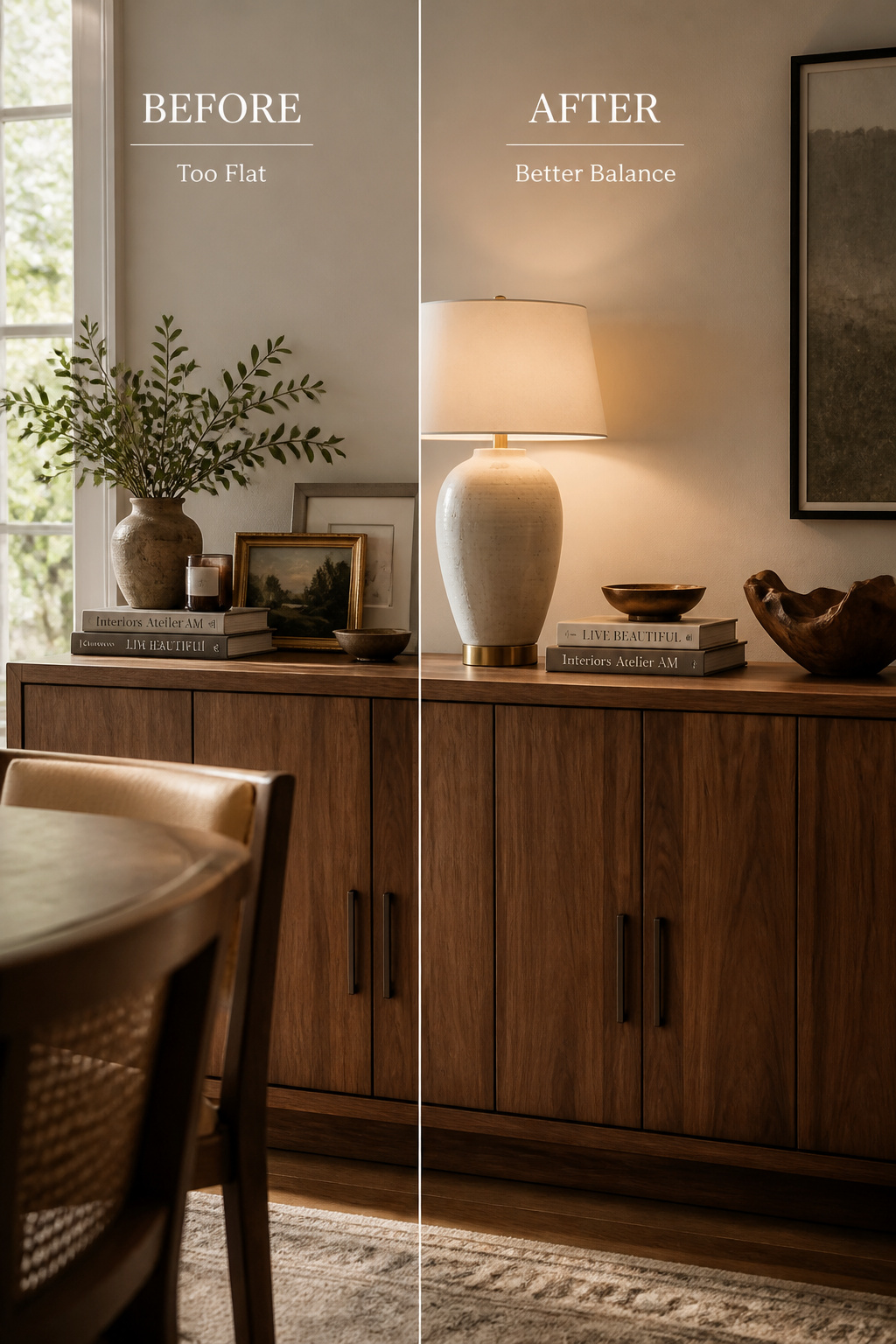 A walnut sideboard shown in before-and-after comparison — left side overcrowded with same-height objects, right side corrected with varied heights and clear negative space