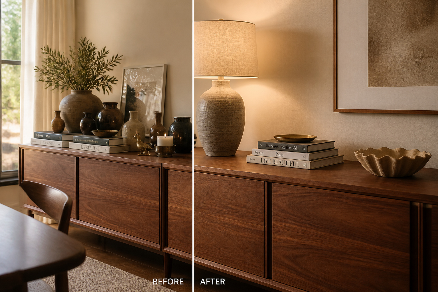 A walnut sideboard shown in before-and-after comparison — left side overcrowded with same-height objects, right side corrected with varied heights and clear negative space