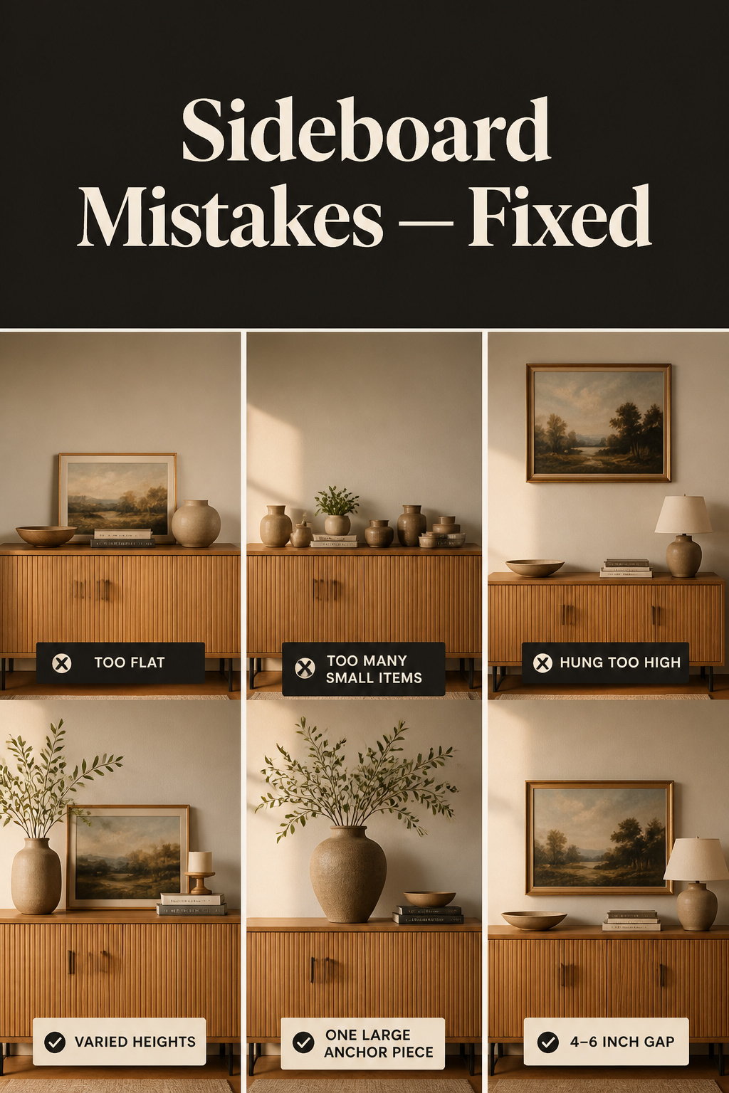 Pinterest collage showing three corrected sideboard styling mistakes: varied object heights, one large anchor piece replacing many small trinkets, and art hung at the correct gap above the buffet
