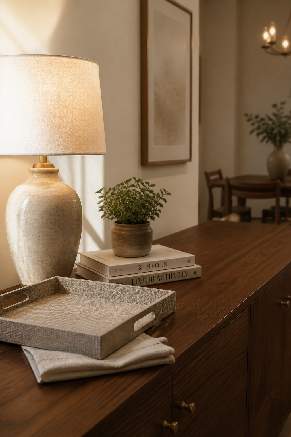 A walnut sideboard styled in three distinct height zones — tall ceramic lamp, mid-height stacked books, and a low linen tray — with visible negative space between clusters