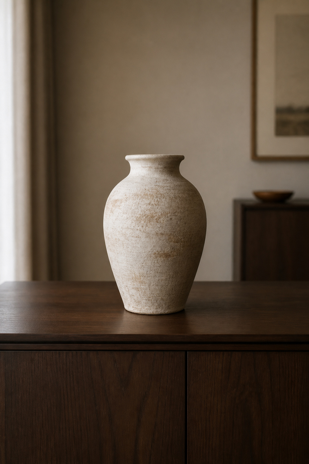 A dark walnut sideboard surface with one large stoneware vase centred, 40% of the surface clear on either side — demonstrating restraint over trinket accumulation