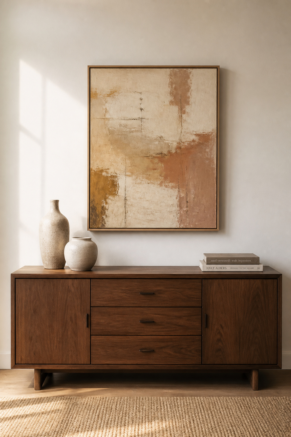 A walnut sideboard with abstract art above it showing the 5-inch gap between furniture and frame and the two-thirds width proportion — the two rules that govern what to hang above a sideboard