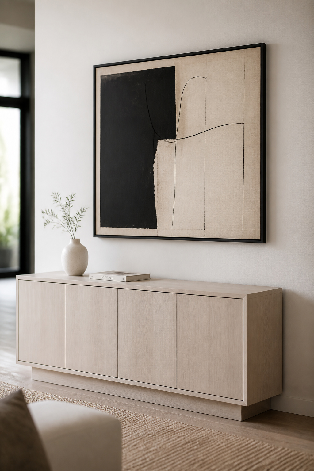 A large framed artwork hung 8 inches above a sideboard, spanning two-thirds of the furniture's width, demonstrating the wall-above proportion rule