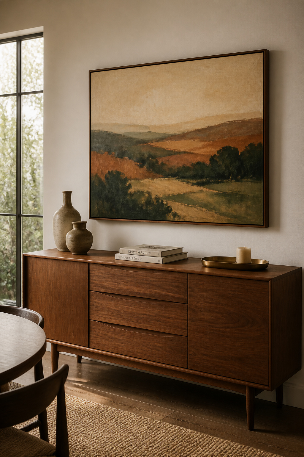 A walnut sideboard styled with ceramics and books below a single large abstract artwork in a dark oak frame, demonstrating correct proportion and gap spacing for wall art above a buffet