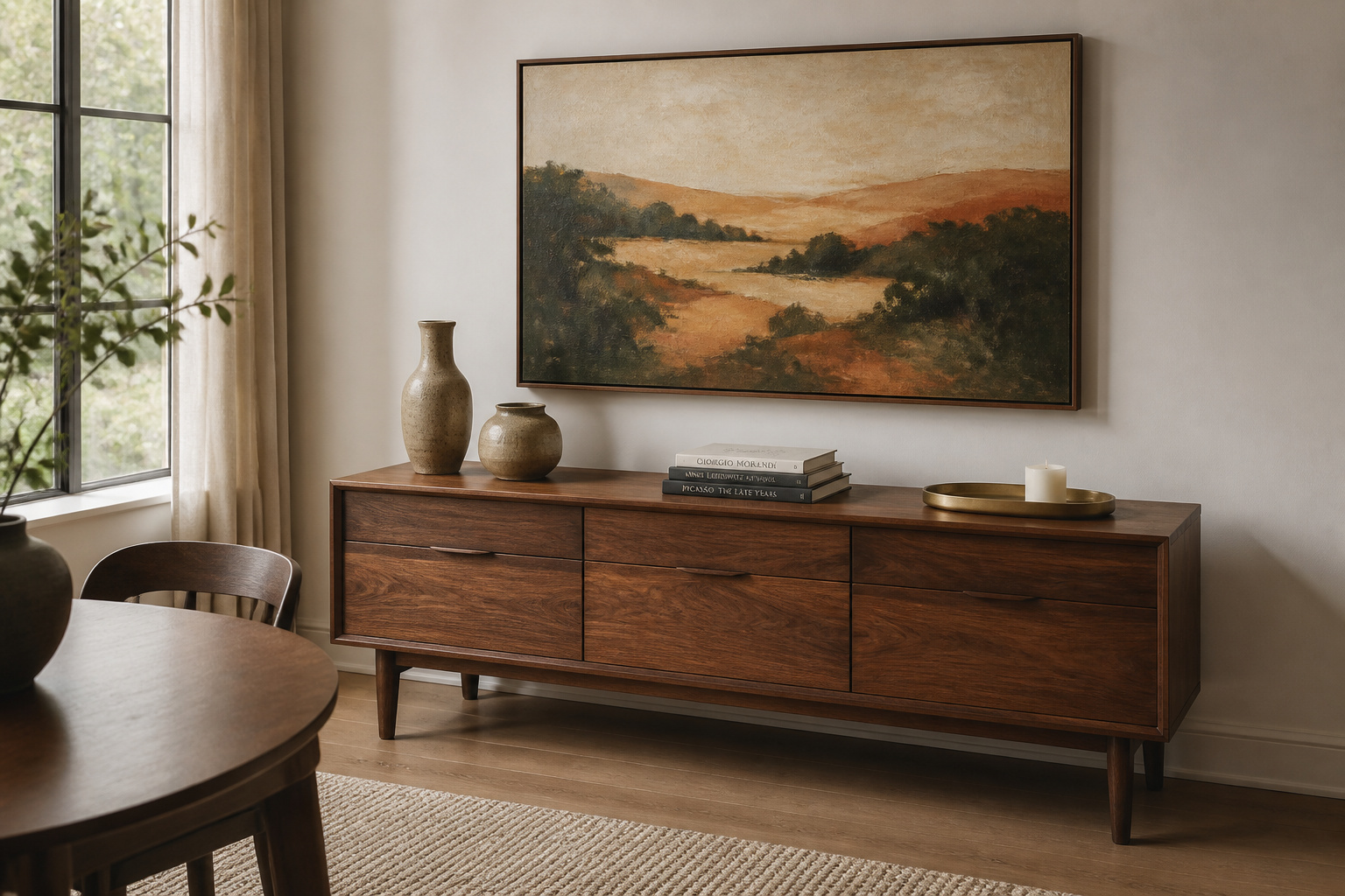 A walnut sideboard styled with ceramics and books below a single large abstract artwork in a dark oak frame, demonstrating correct proportion and gap spacing for wall art above a buffet