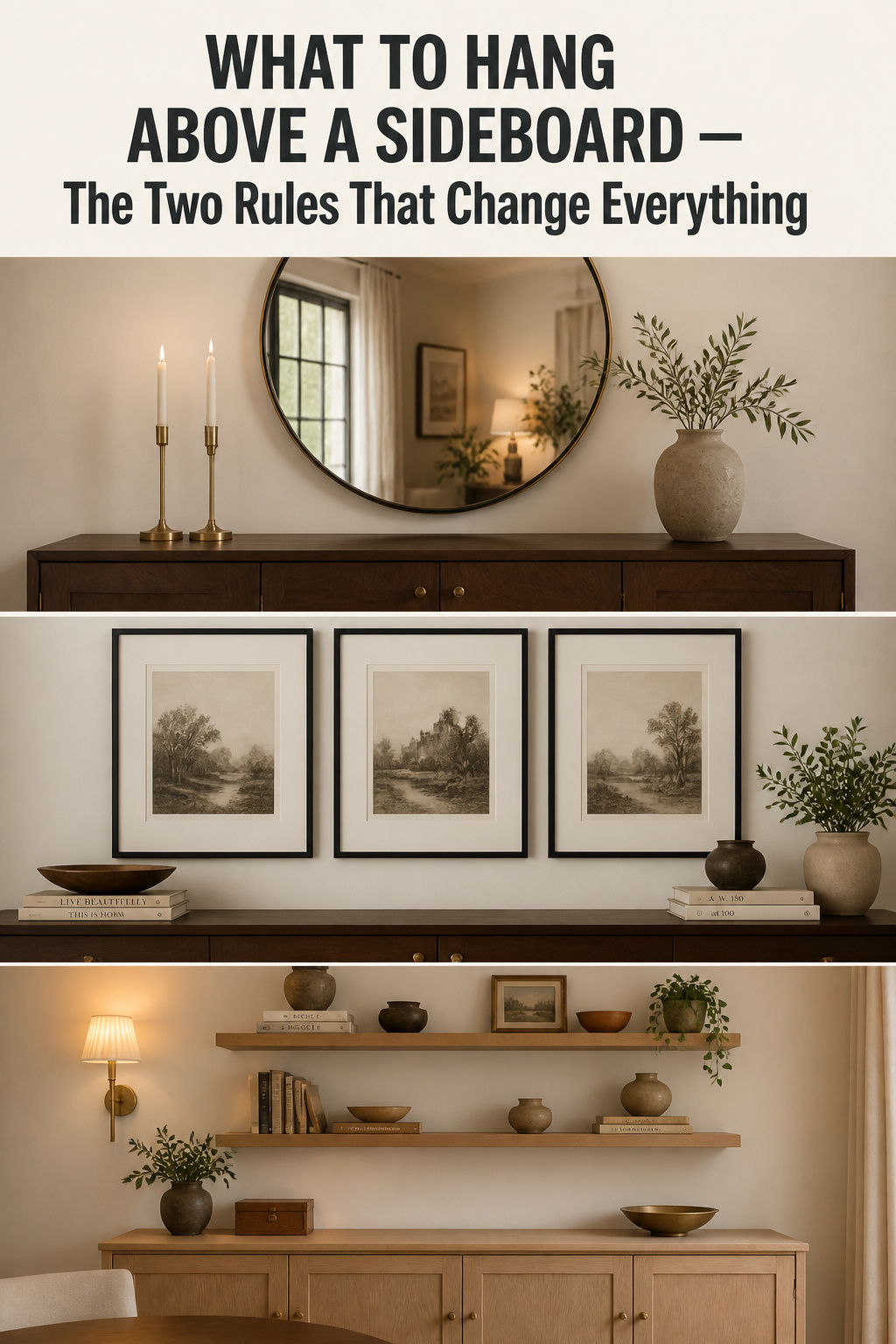 Pinterest collage showing three options for what to hang above a sideboard: a round bevelled mirror, a horizontal row of framed prints, and floating shelves with a wall sconce above a pale oak buffet