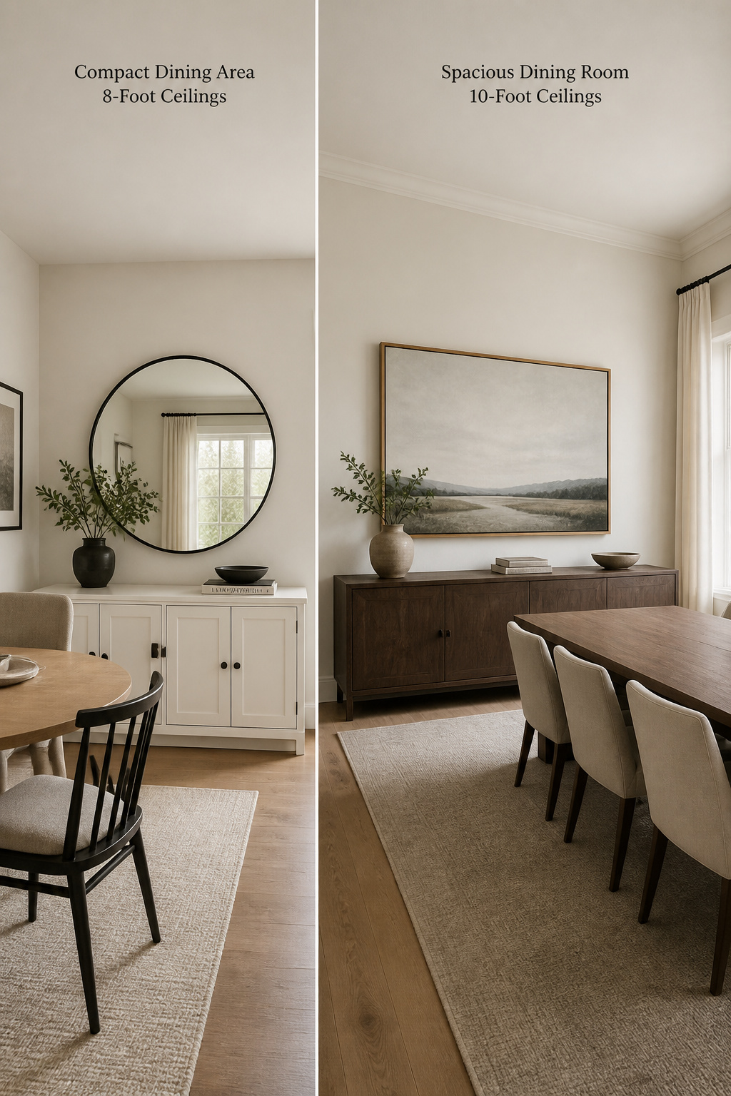 Split composition showing a mirror above a sideboard in a small room with low ceilings on the left versus a single large artwork above a sideboard in a tall-ceilinged spacious dining room on the right — illustrating room-scale-appropriate wall treatments