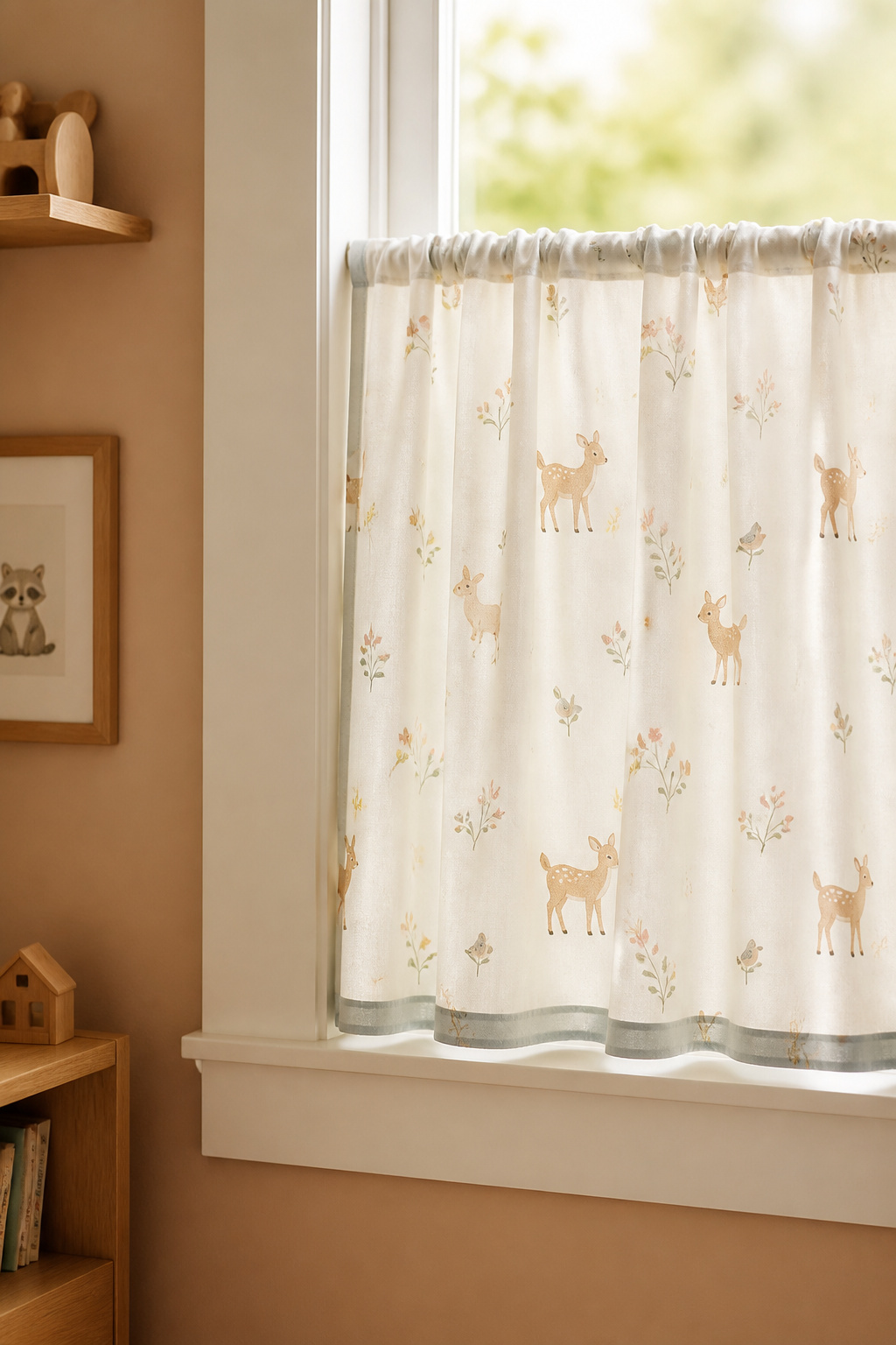Short sill-length cafe curtain on a toddler bedroom window in durable washable cotton-blend fabric