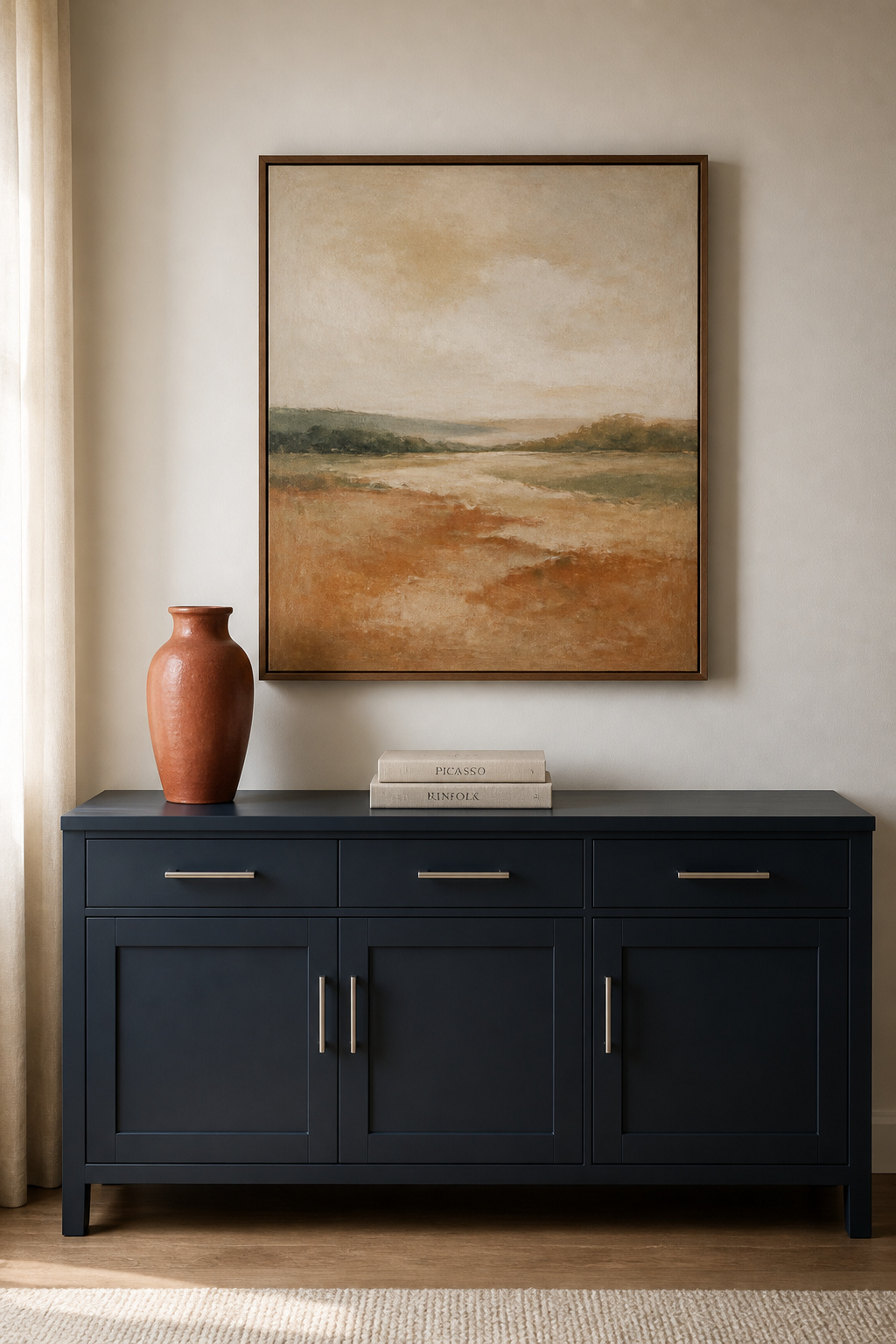 A single large abstract artwork in a walnut frame hung above a dark slate-blue sideboard, the canvas spanning two-thirds of the furniture width and sitting 8 inches above the surface — warm tones echoing the terracotta vase below