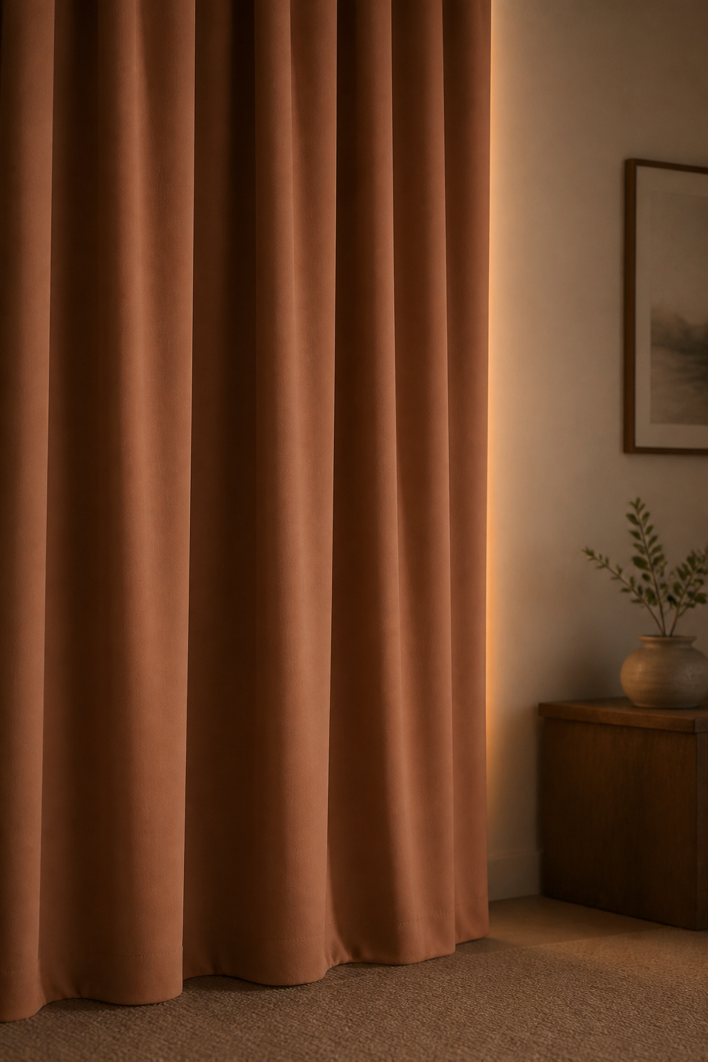 A single well-chosen blackout-lined curtain layer fully closed over a small bedroom window