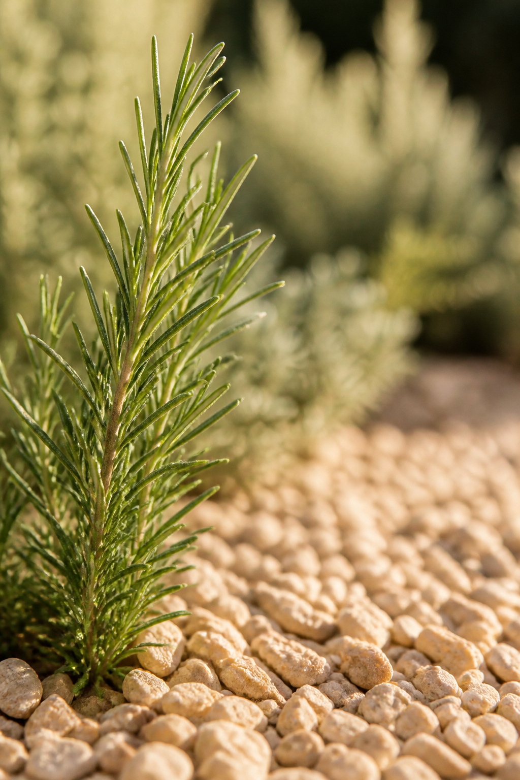 Single rosemary sprig catching afternoon light at the edge of buff pea gravel