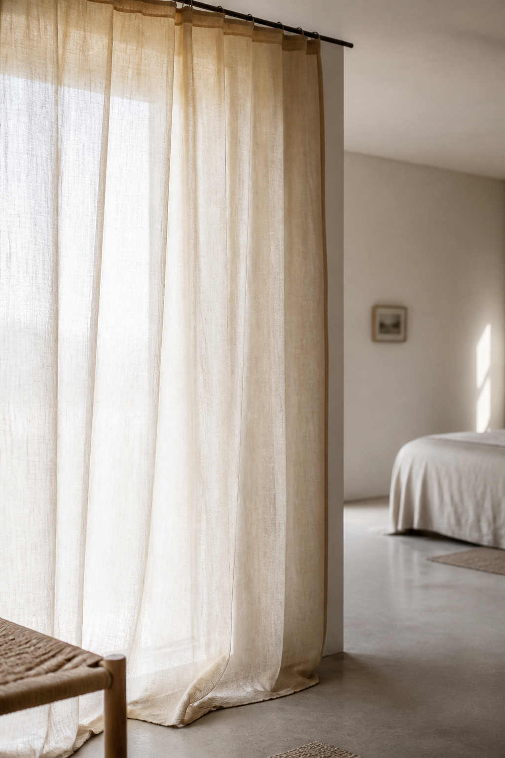 Single sheer linen curtain panel hanging in a minimal bedroom window without a second layer
