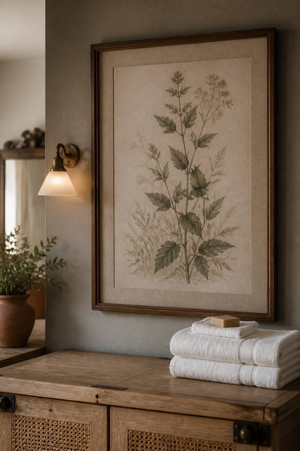 One large framed print centered above a wood folding counter as the room's single wall art anchor