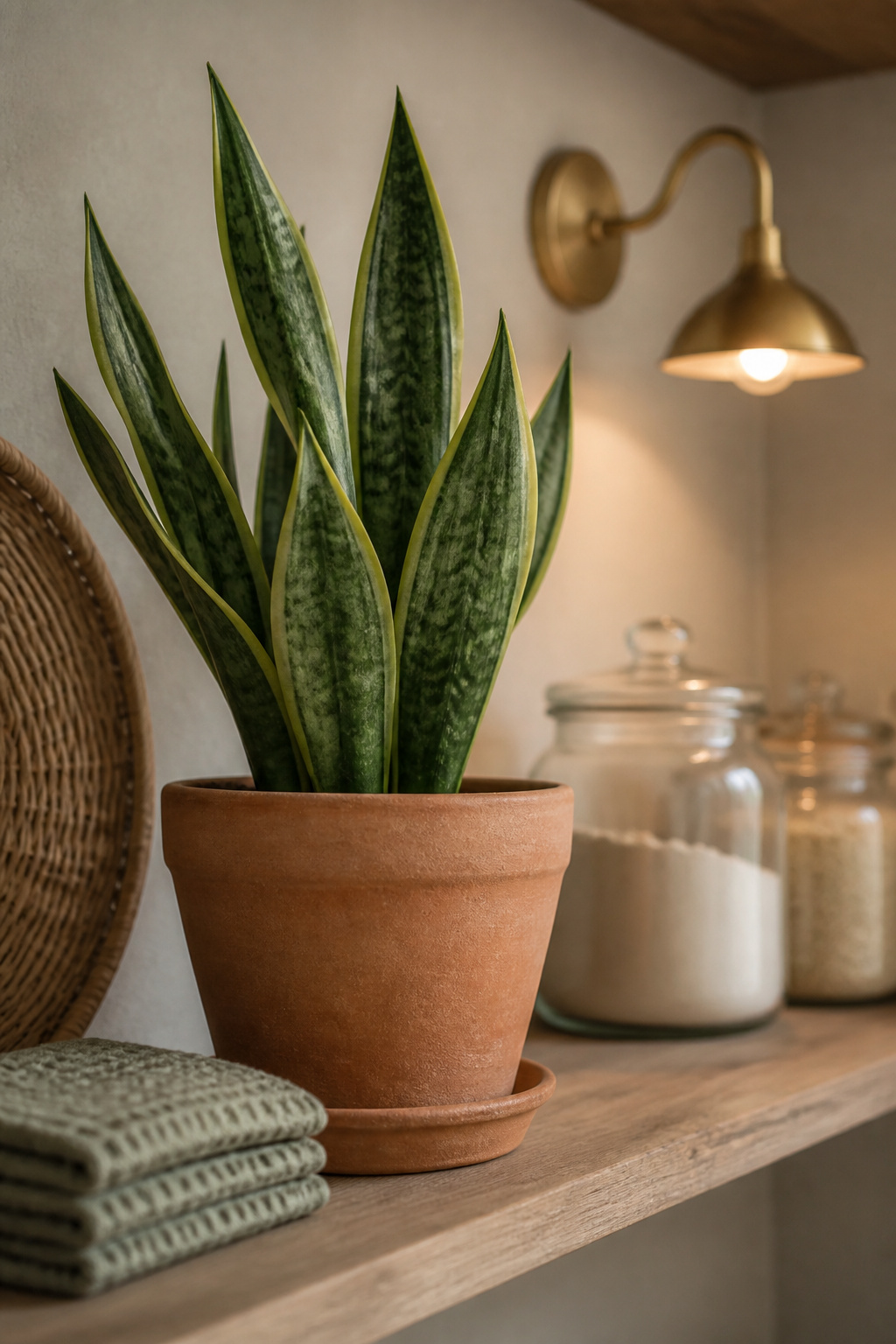 Single snake plant in a terracotta pot styled alongside folded towels and glass jars on a laundry shelf