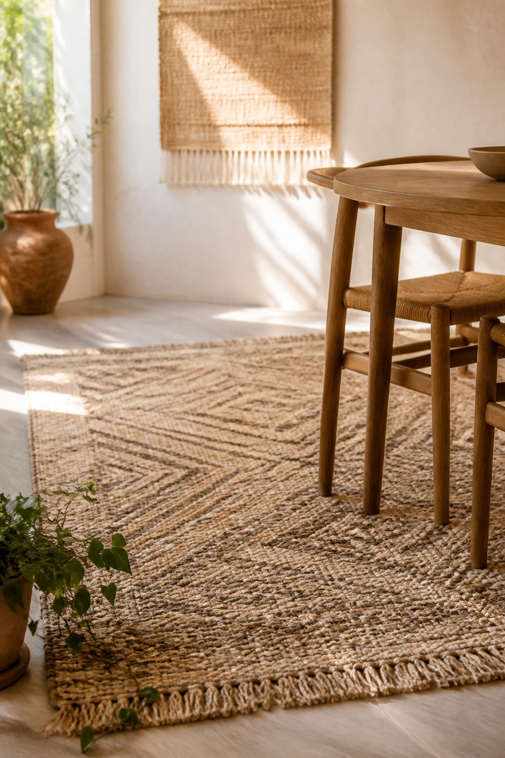 Single textured jute rug under a small dining table, with one potted trailing plant at the corner