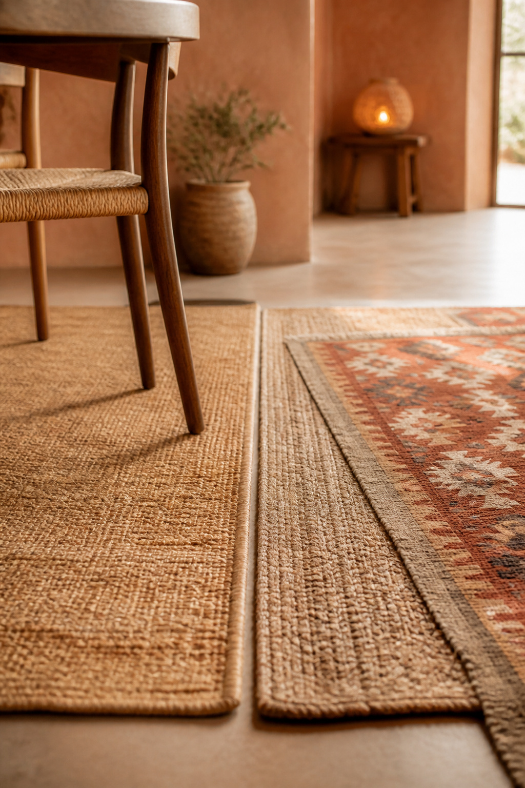 Side-by-side comparison of a single flat jute rug and a layered jute-plus-kilim rug pair in a boho dining room