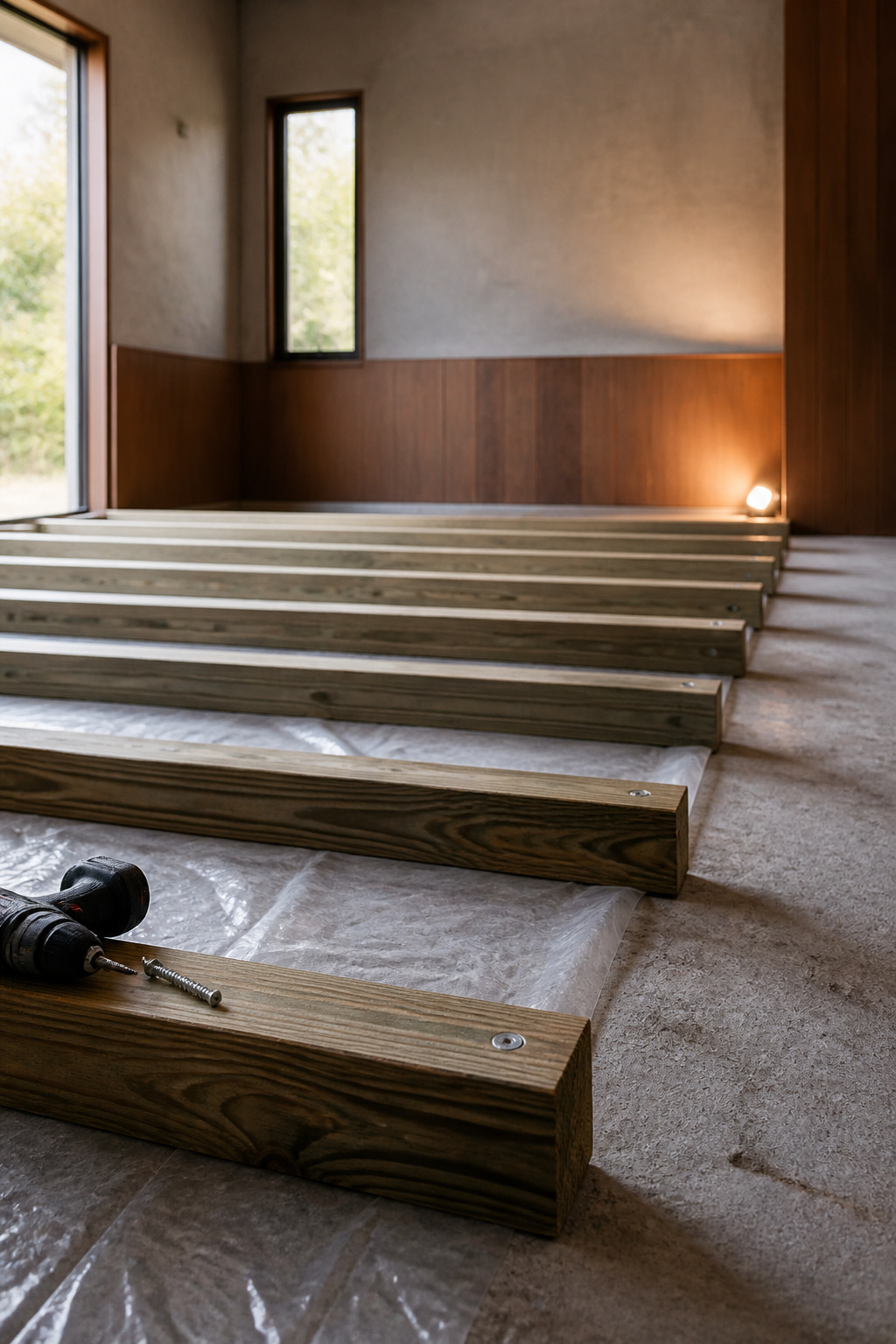 Pressure-treated sleeper joists spaced across a concrete slab with a vapor barrier, framing a raised subfloor