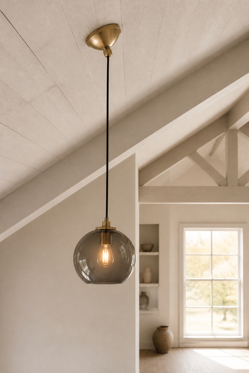 Brushed brass swivel canopy adapter on a sloped vaulted ceiling keeping a glass globe pendant hanging vertically