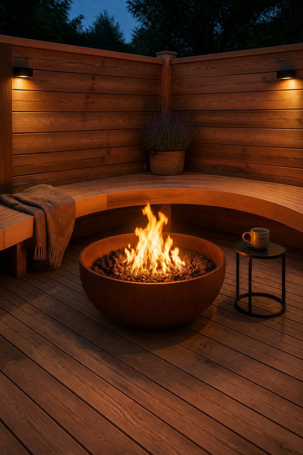 Compact 24-inch corten steel fire bowl in the corner of a small cedar deck, wrapped by a curved bench with a side table holding a mug