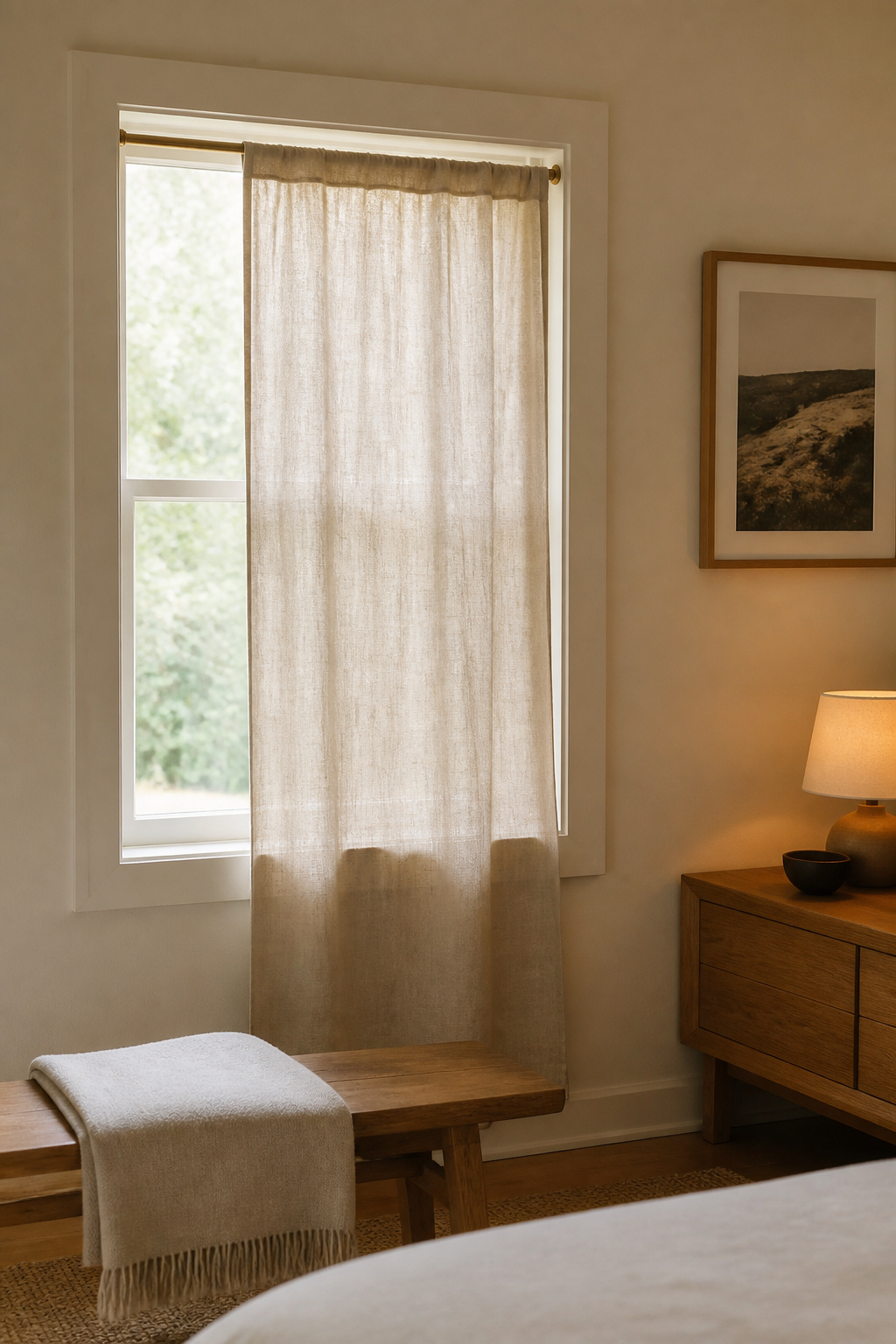 Small bedroom window dressed with a single spare linen curtain panel on a slim tension rod, a budget-friendly small window curtain idea