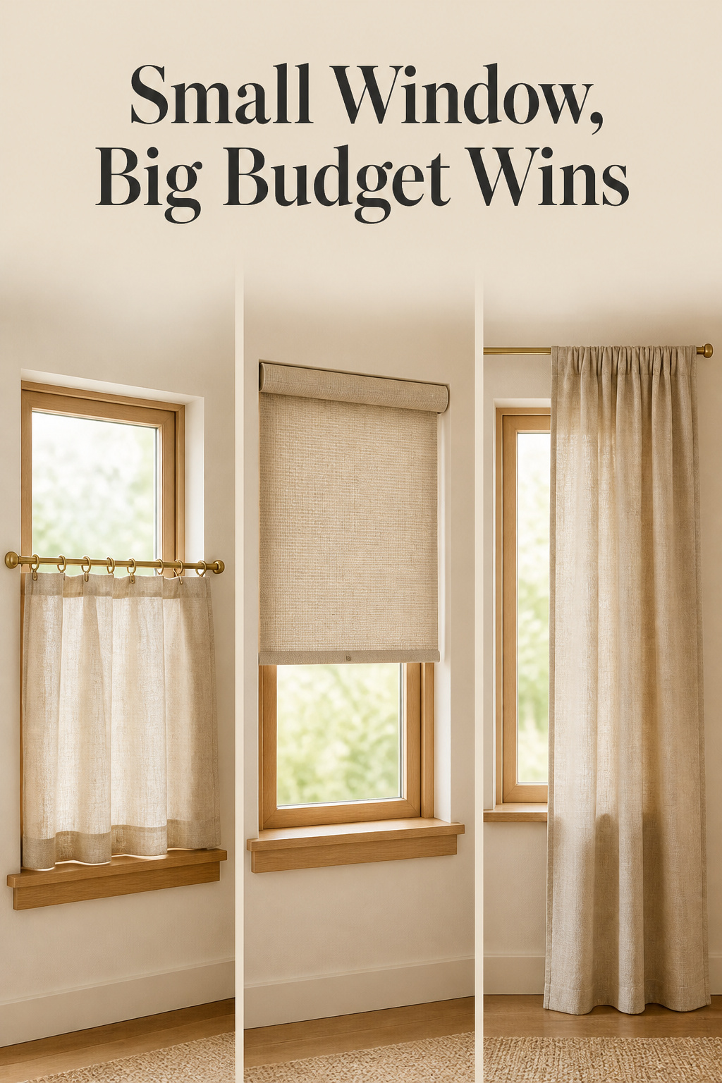 Pinterest pin comparing three budget small bedroom window curtain ideas: cafe curtain, roller shade, and single tension rod panel