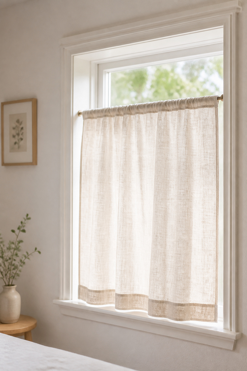 Small bedroom window dressed with a simple sill-length linen curtain on a tension rod