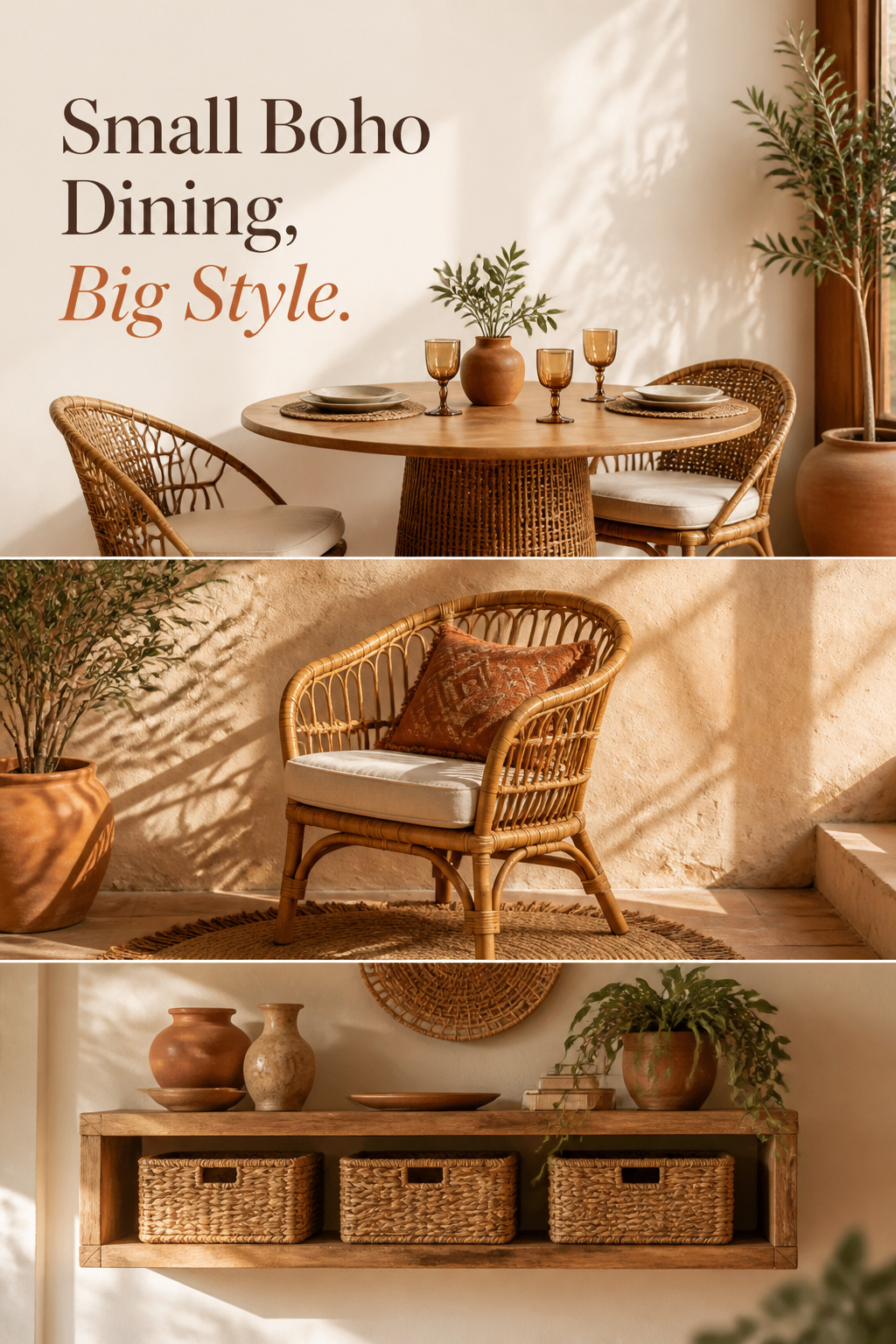 Pinterest pin collage of a small boho dining room with round table, rattan chair, and wall-mounted shelf, headline Small Boho Dining, Big Style