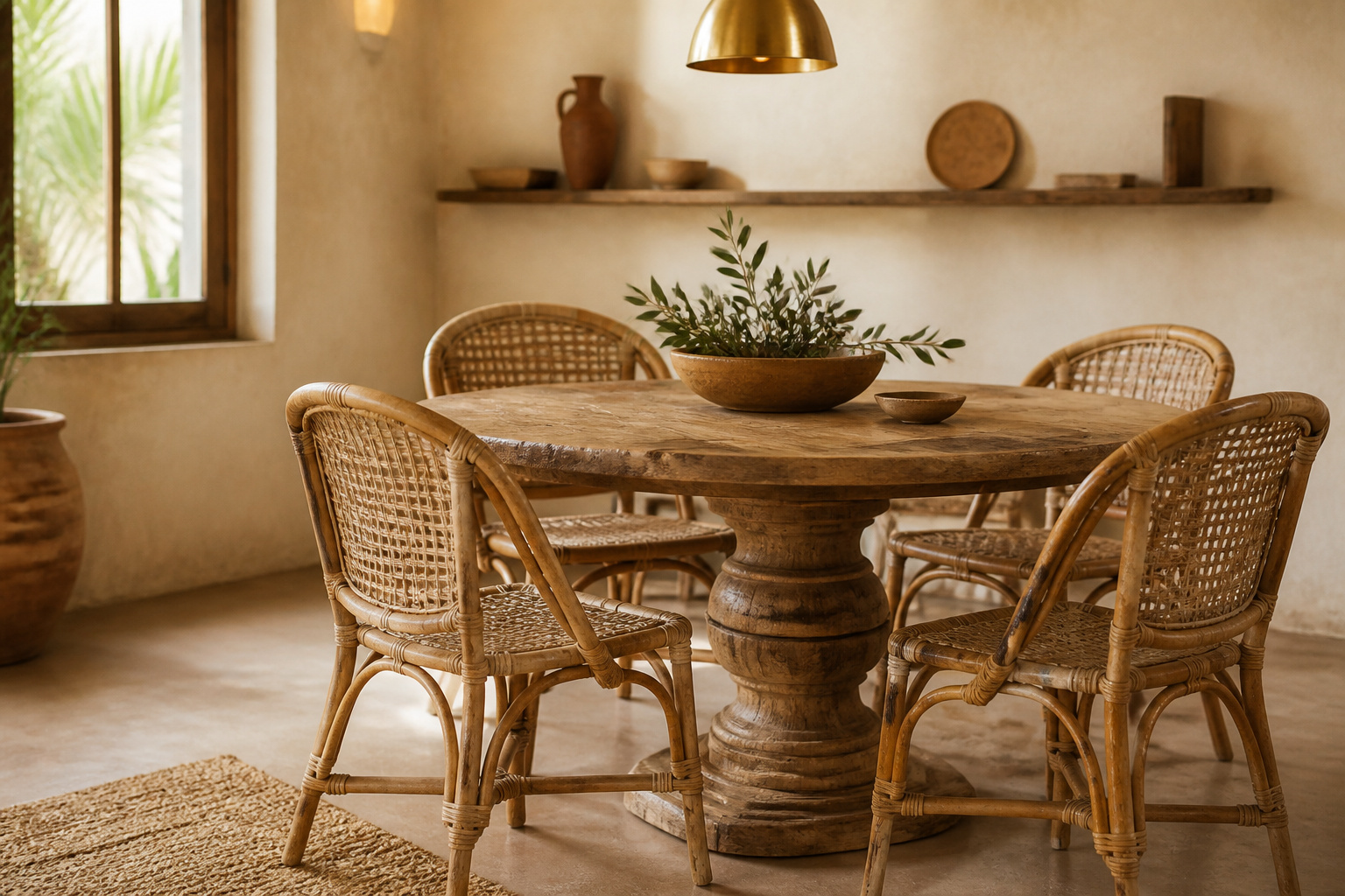 Small boho dining room with a round rattan and wood table, mismatched woven chairs, and a wall-mounted shelf replacing a bulky sideboard