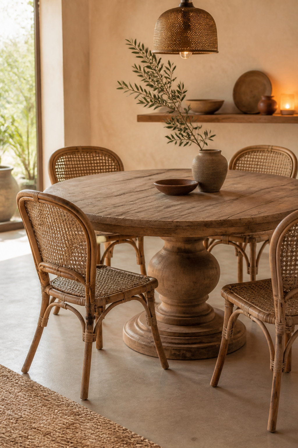Small boho dining room with a round rattan and wood table, mismatched woven chairs, and a wall-mounted shelf replacing a bulky sideboard