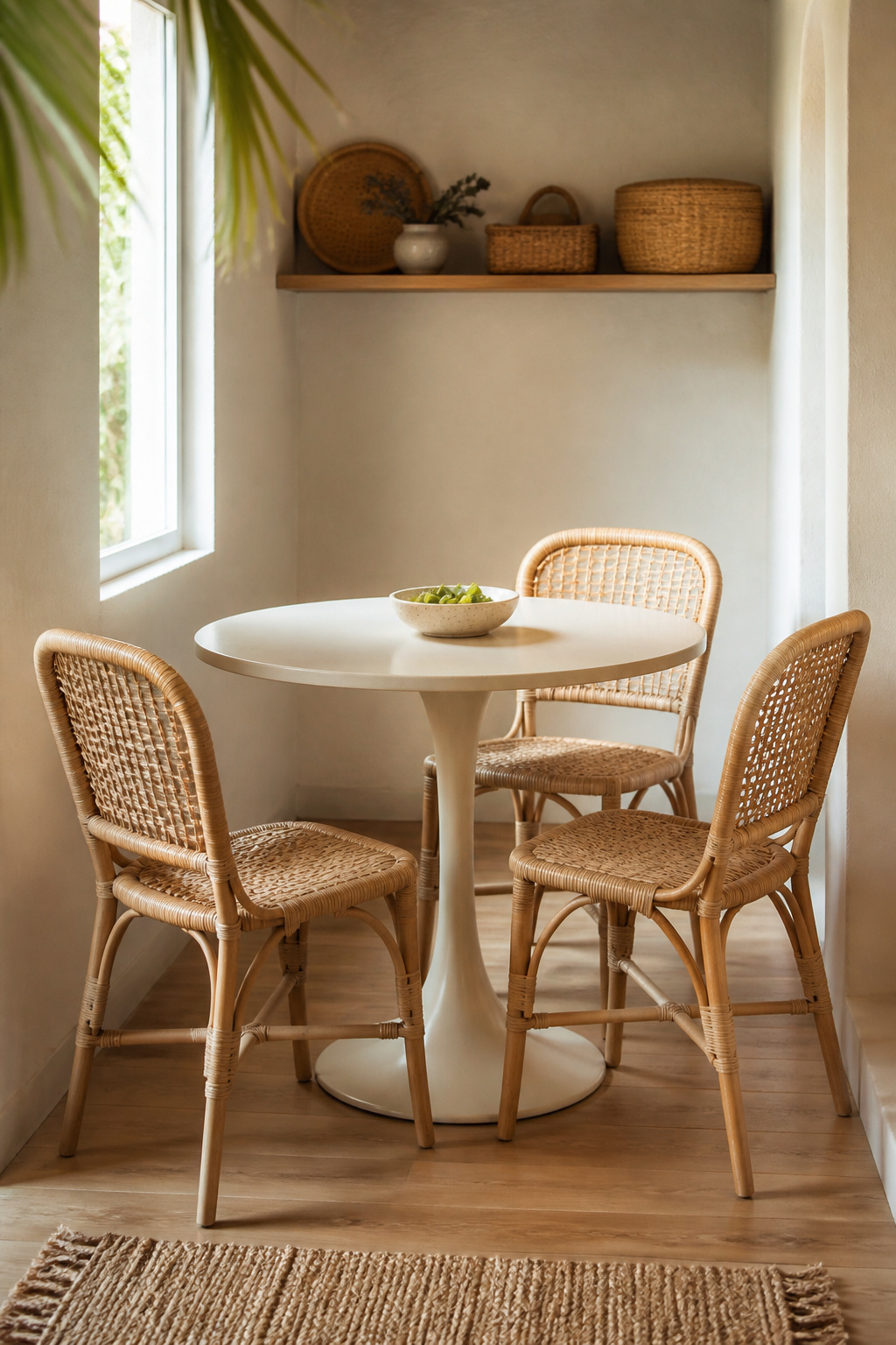 Small boho dining nook with a round pedestal table and light rattan chairs in a narrow room