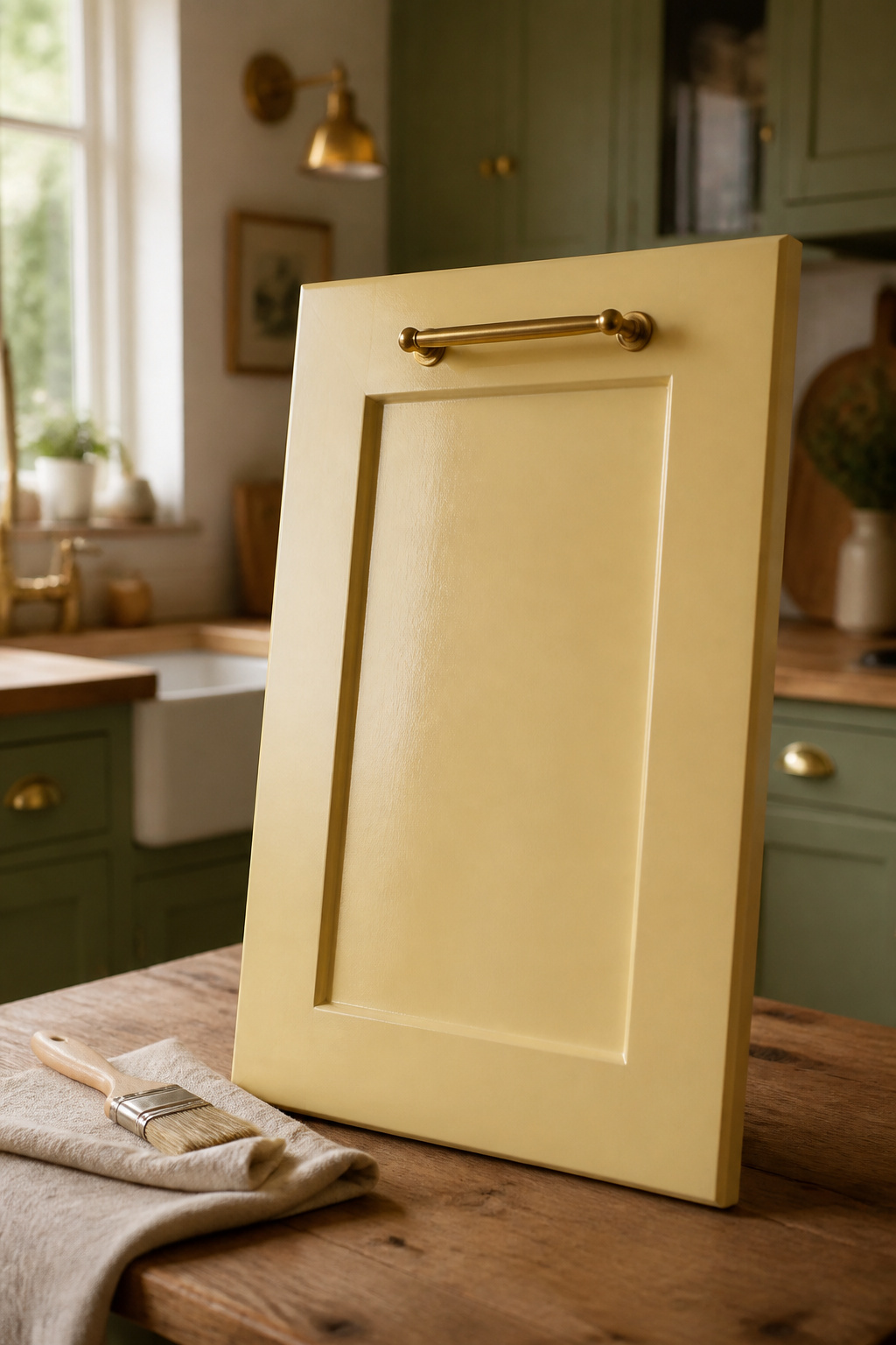 Freshly painted butter-yellow cabinet door with a new brass pull, mid-update in a small cottage kitchen