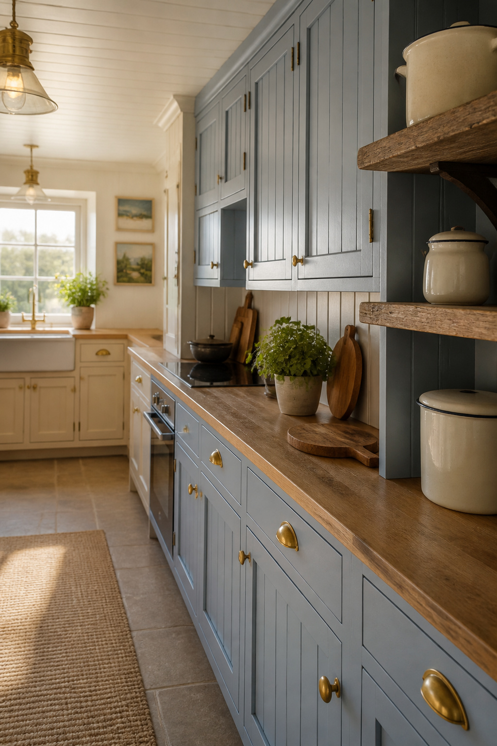Small galley cottage kitchen with powder-blue shaker cabinets, reclaimed pine open shelf and brass hardware