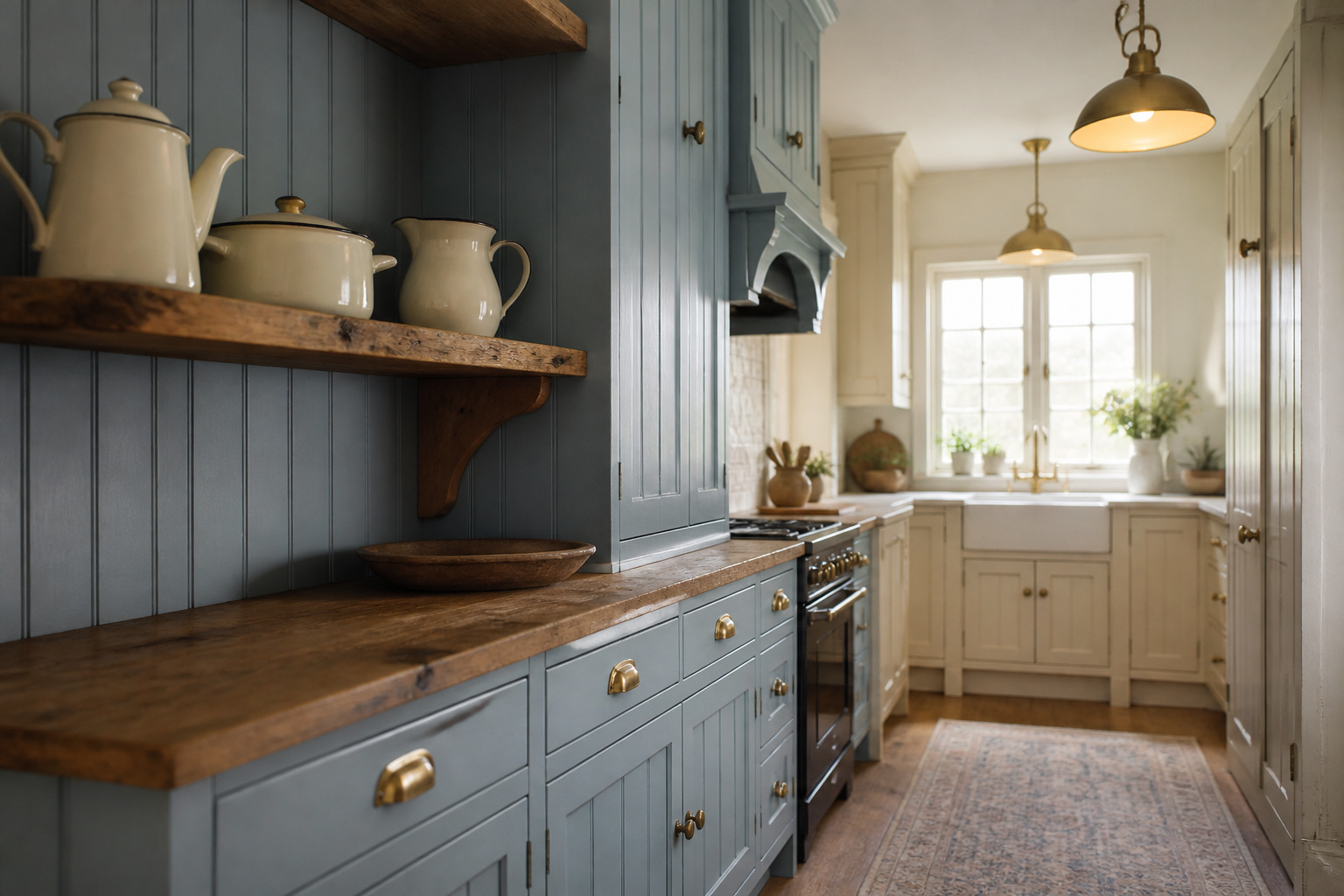Small galley cottage kitchen with powder-blue shaker cabinets, reclaimed pine open shelf and brass hardware