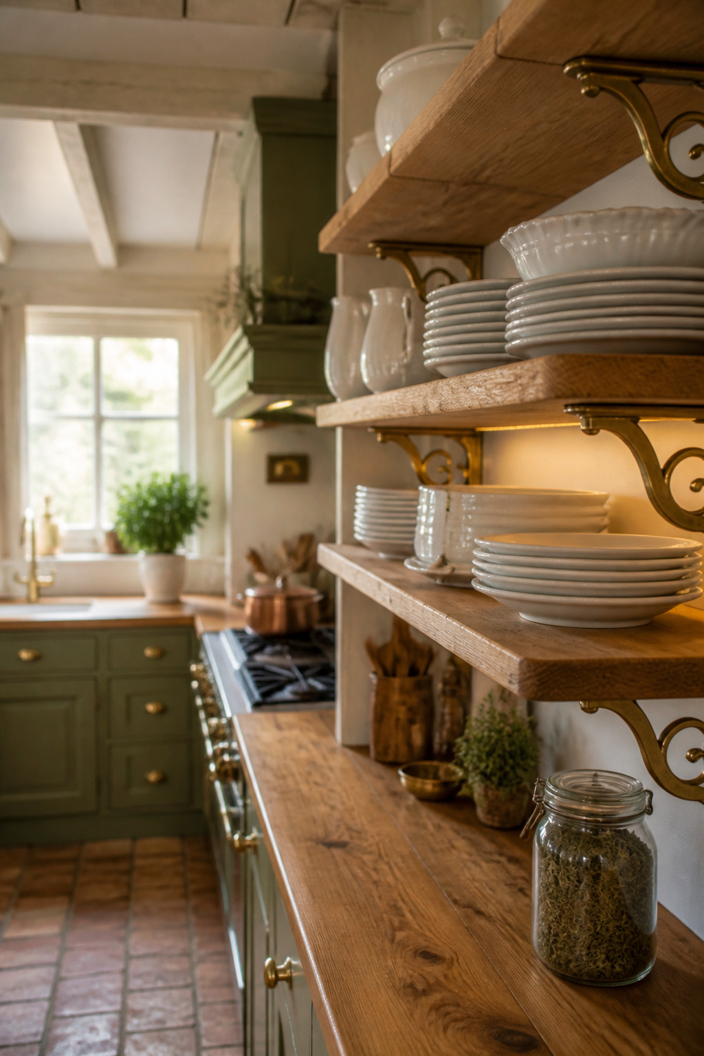 Narrow galley cottage kitchen with open pine shelving of white ceramic dishware and a sage-green range at the far end