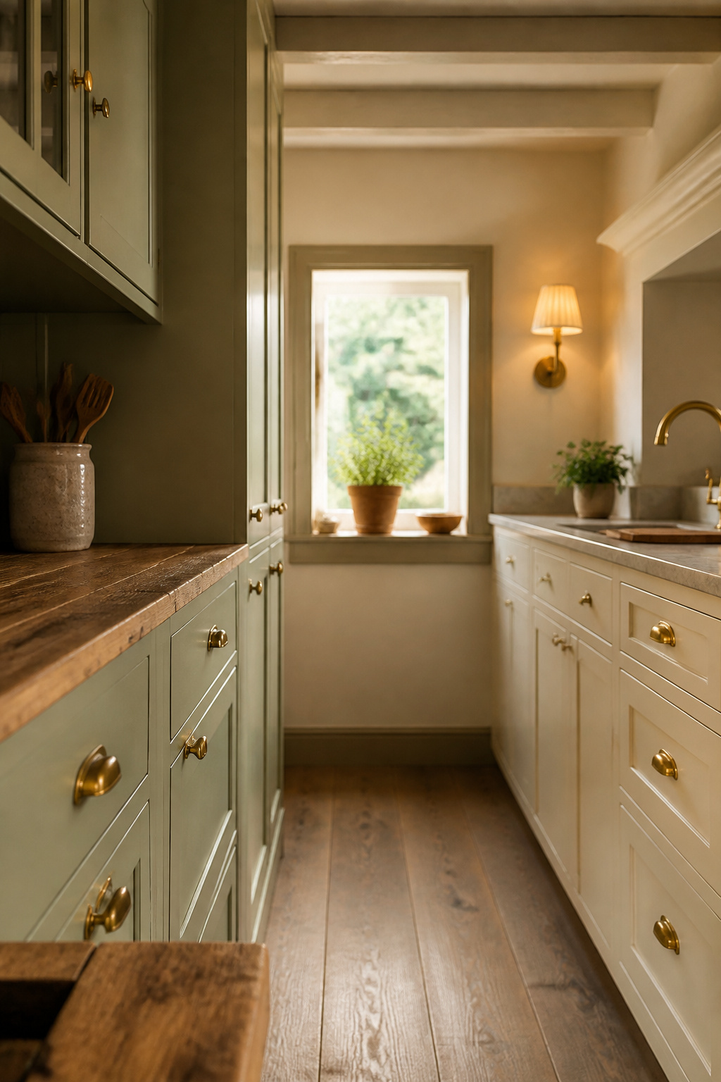 Narrow galley kitchen walkway between sage-green and butter-cream painted shaker cabinets with brass hardware