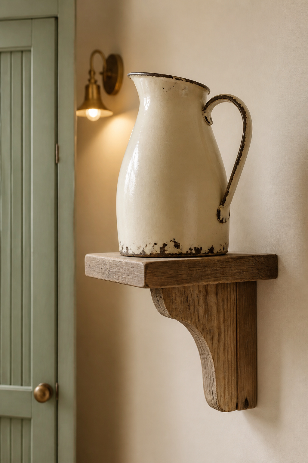 Single cream enamelware jug on a reclaimed pine shelf against a sage-green cottage kitchen cabinet
