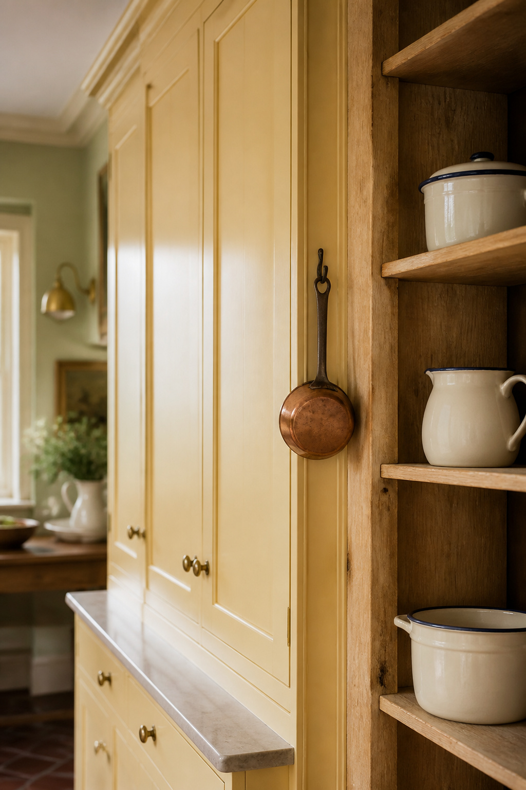 Ceiling-height butter-yellow cabinets next to an open pine shelf styled with cream enamelware in a small cottage kitchen