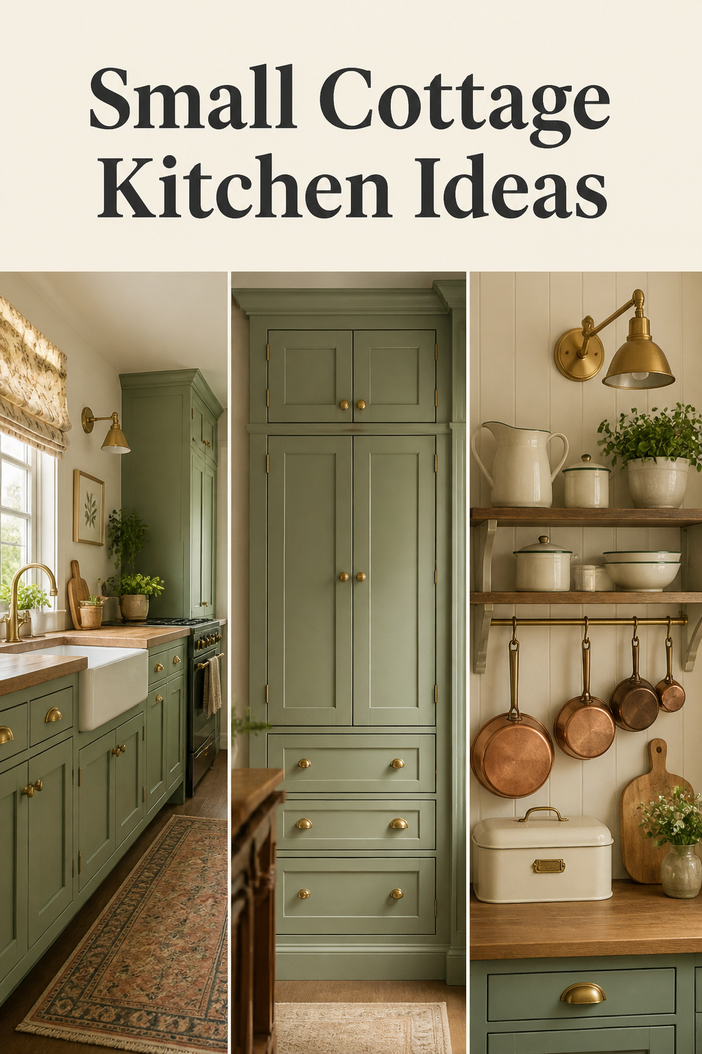 Three-panel collage of small cottage kitchen ideas: sage-green galley cabinets, ceiling-height storage and an open shelf styled with enamelware