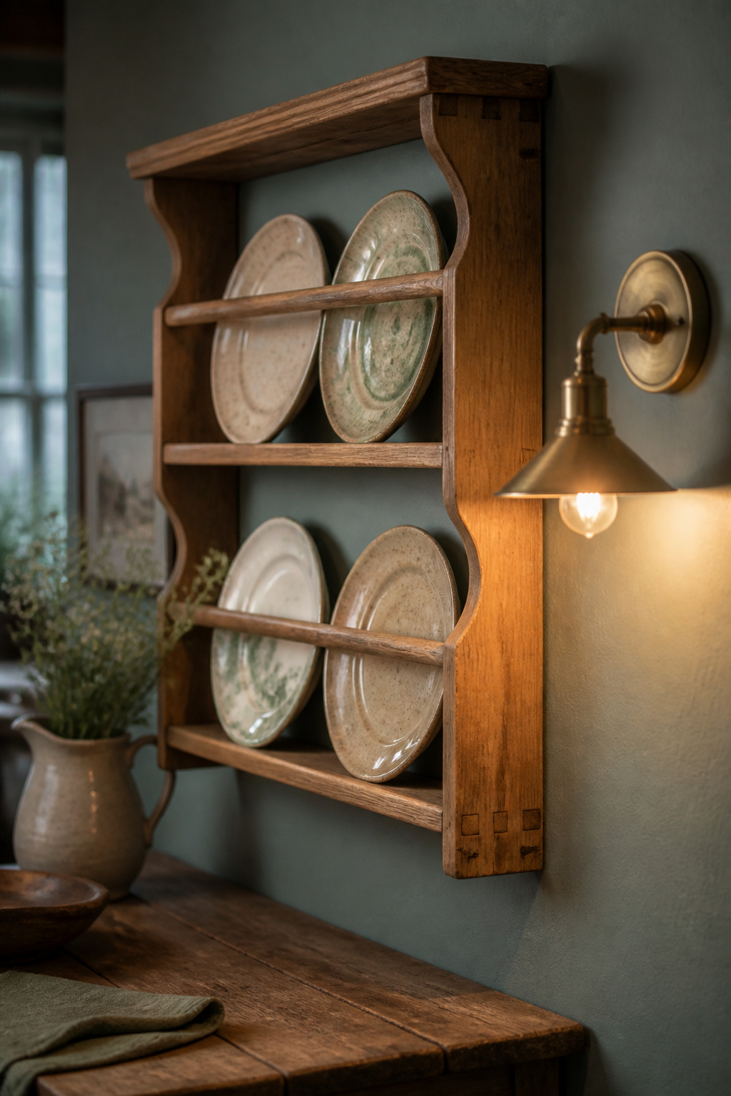 Small wooden plate rack holding ceramic plates beside a brass wall sconce in a small cottage kitchen