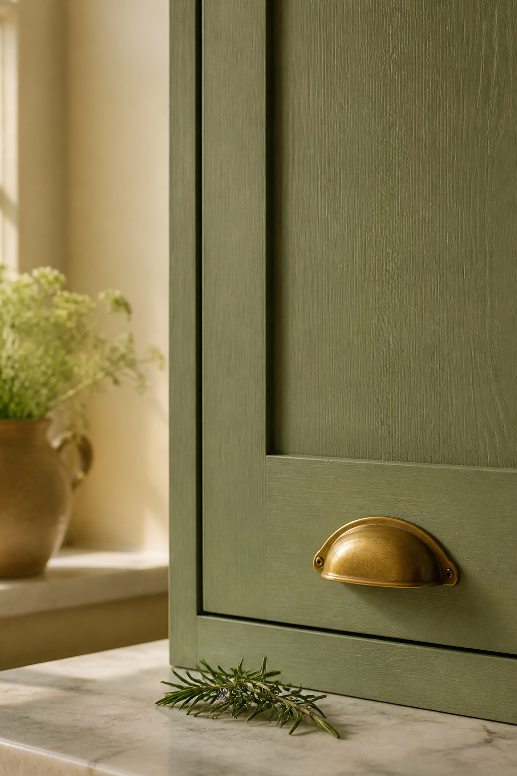 Close-up of a sage-green painted shaker cabinet door with unlacquered brass cup pull in a small cottage kitchen