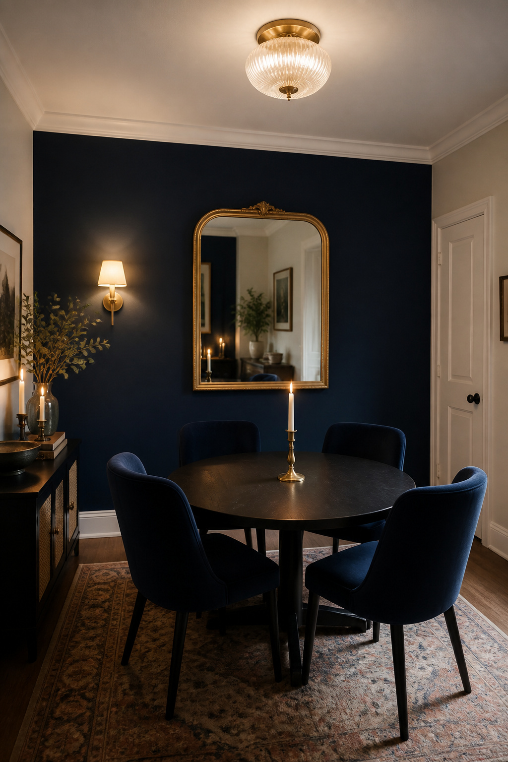 Compact dining room with one deep navy accent wall, white ceiling and trim, and a gilt mirror reflecting the space back