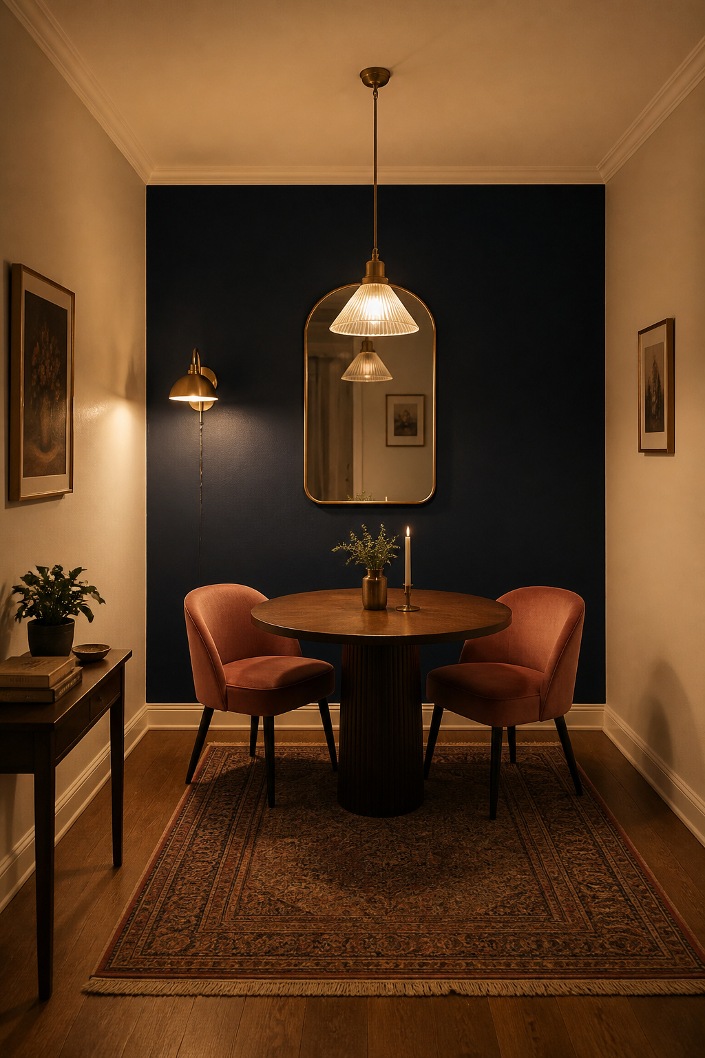 Small dining room with one dark navy accent wall, off-white side walls and ceiling, mirror and sconce on dark wall, round table with pale velvet chairs in front