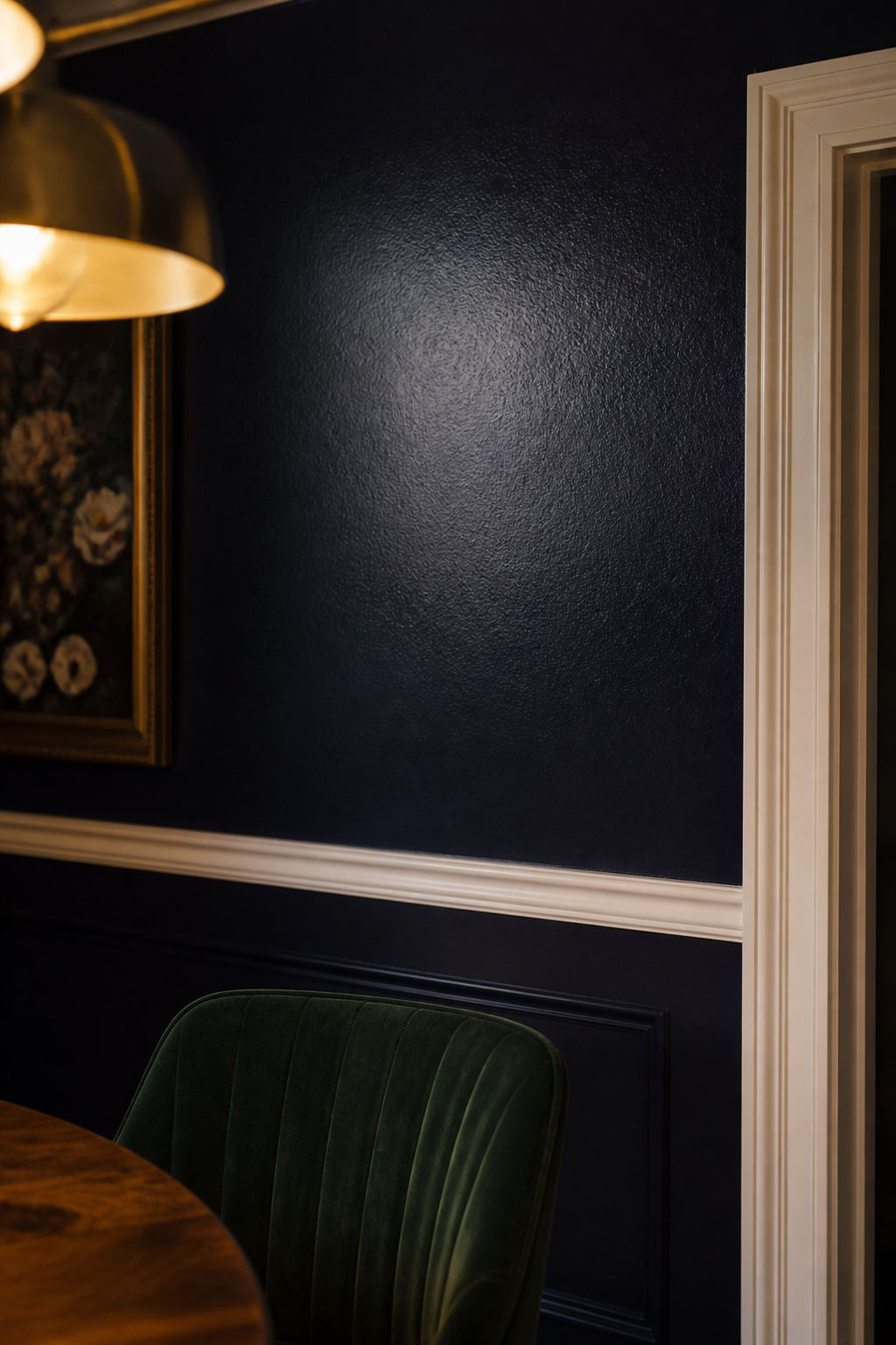 Close detail of dark navy satin dining room wall with semi-gloss white trim, showing the gentle light reflection of the satin finish