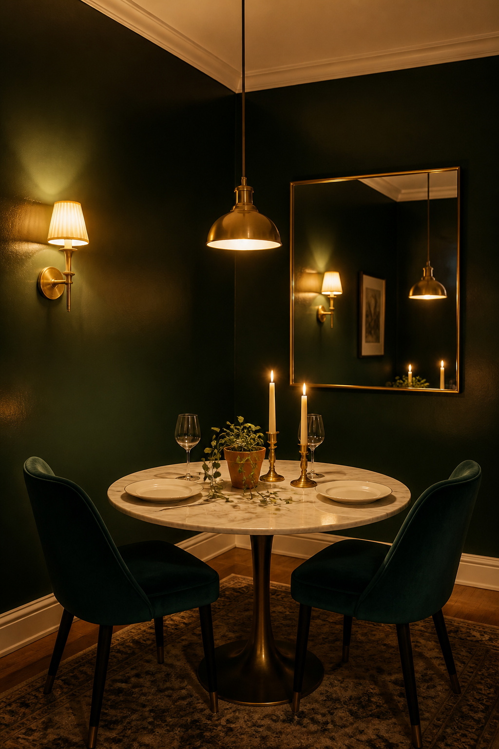 Small dark dining room with deep green semi-gloss walls, large mirror, white ceiling and trim, brass pendant light and candles at dinner