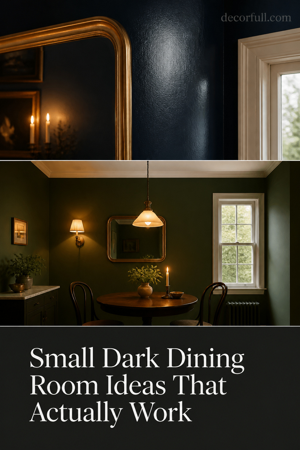 Pinterest collage: dark dining room semi-gloss wall with mirror, small dark green dining room with white ceiling, charcoal text overlay panel