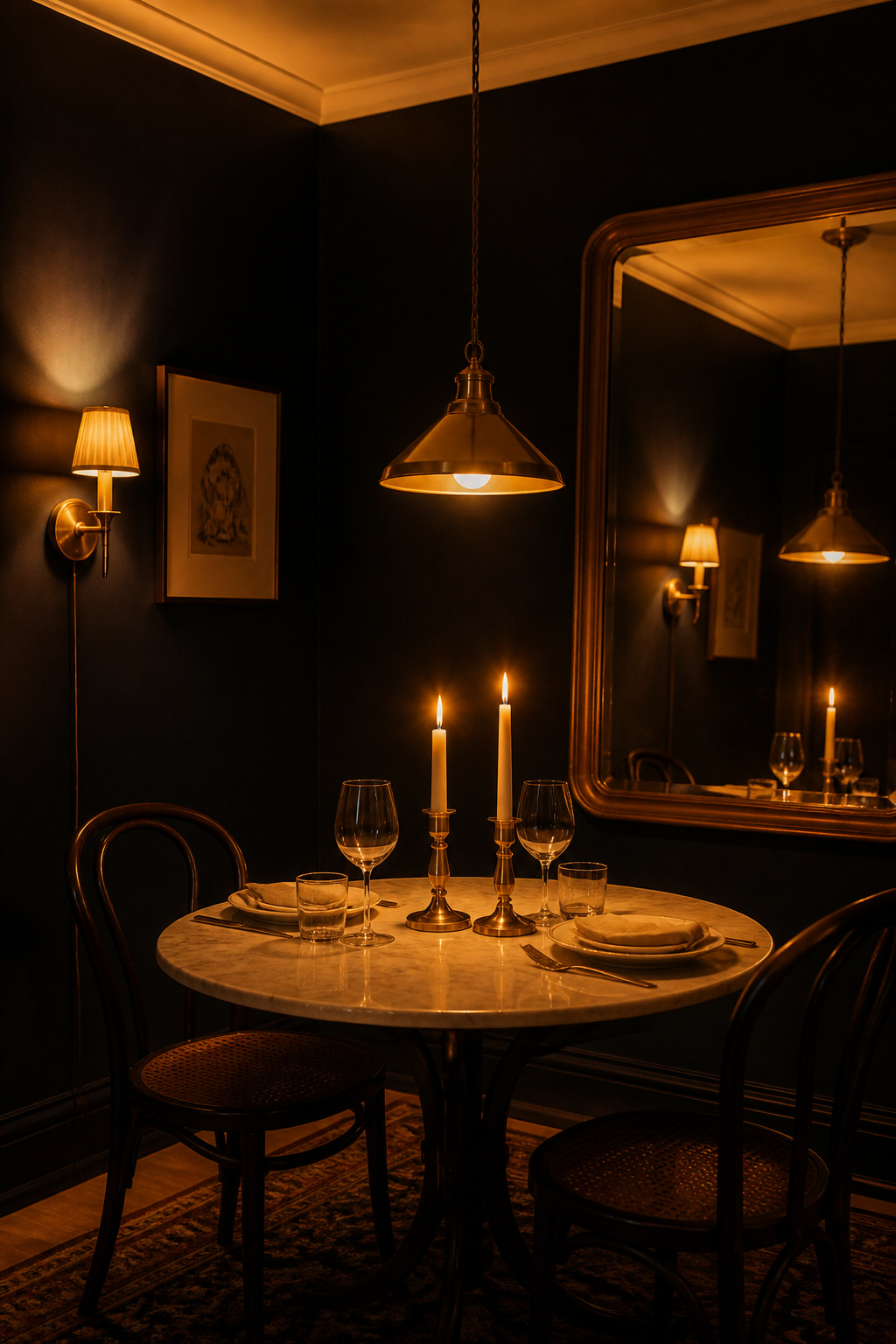 Small dark navy dining room with three-layer lighting: brass pendant above table, plug-in wall sconce at eye level, and lit candles at table height, all warm 2700K amber