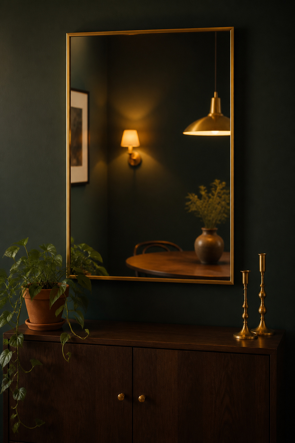 Large brass-framed mirror on deep green dining room wall above dark walnut sideboard, reflecting the room's pendant light and doubling perceived depth