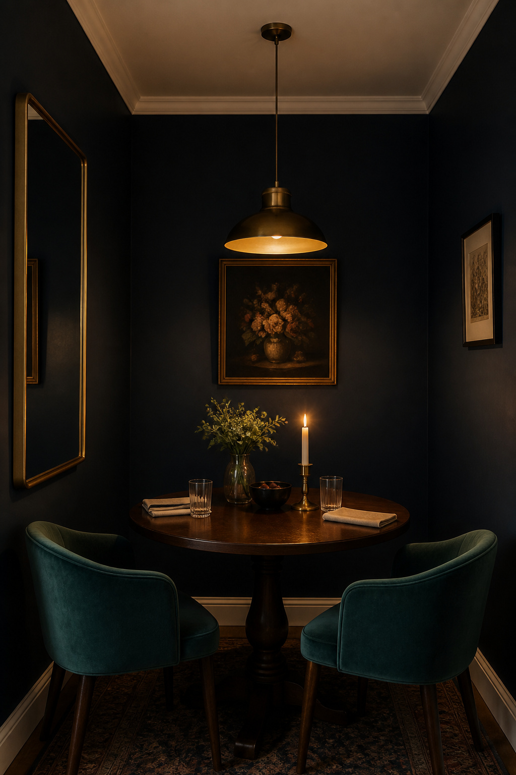 Compact dark navy dining room with matte walls, round table for two, white ceiling and large mirror creating depth in a small space