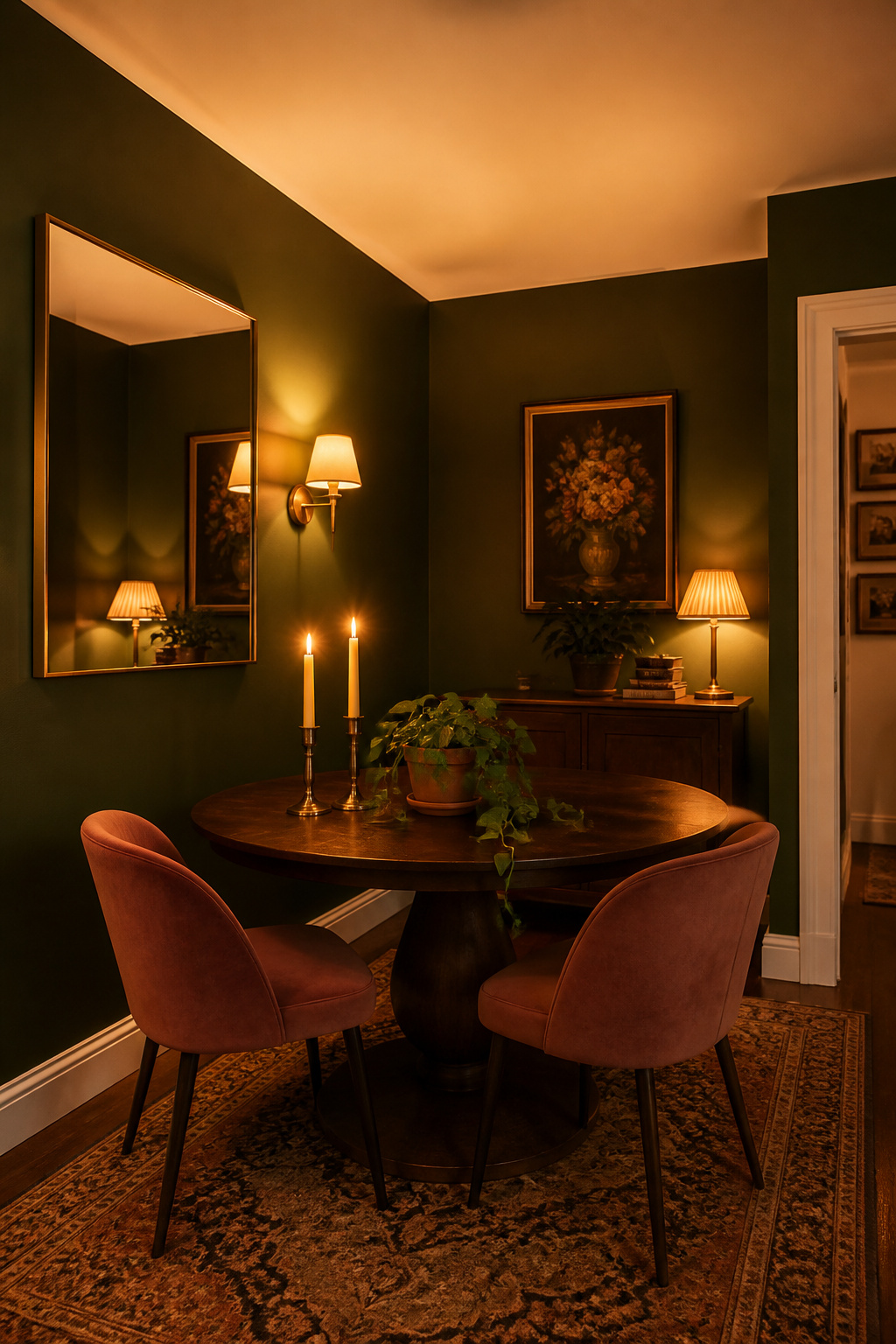 Small dark forest green dining room fully transformed: satin walls, white ceiling and trim, large mirror, plug-in sconce, round table with velvet chairs and candlelight at dinner